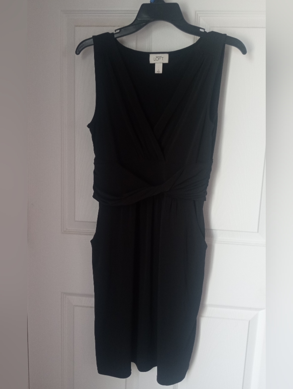 LOFT Black Sleeveless Twist-Waist Midi Dress with Pockets